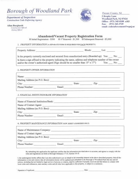 First page of the Abandoned/Vacant Property Registration Form