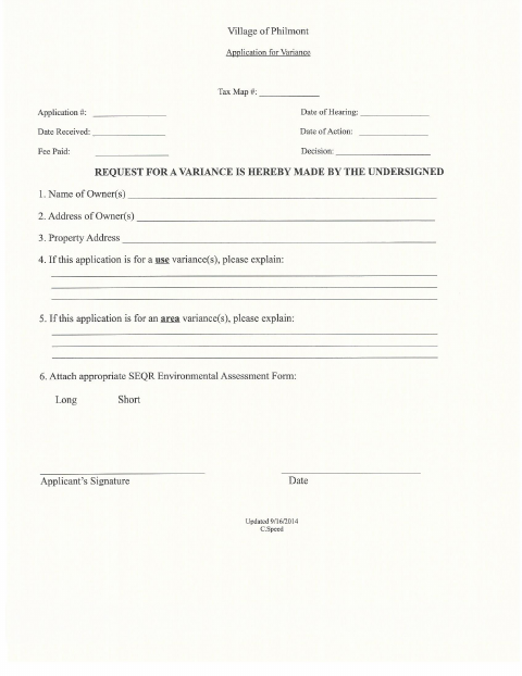 First page of the Application for Variance