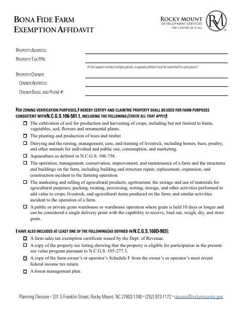 First page of the Bona Fide Farm Exemption Affidavit