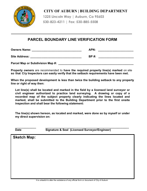 First page of the Parcel Boundary Line Verification Form