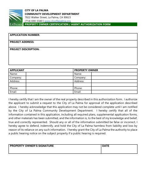 First page of the Property Owner Certification / Agent Authorization Form