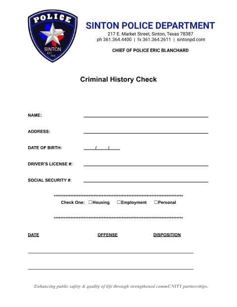 First page of the Criminal History Check Request