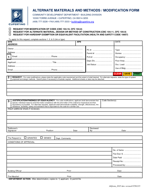 First page of the Alternate Materials and Methods / Modification Form