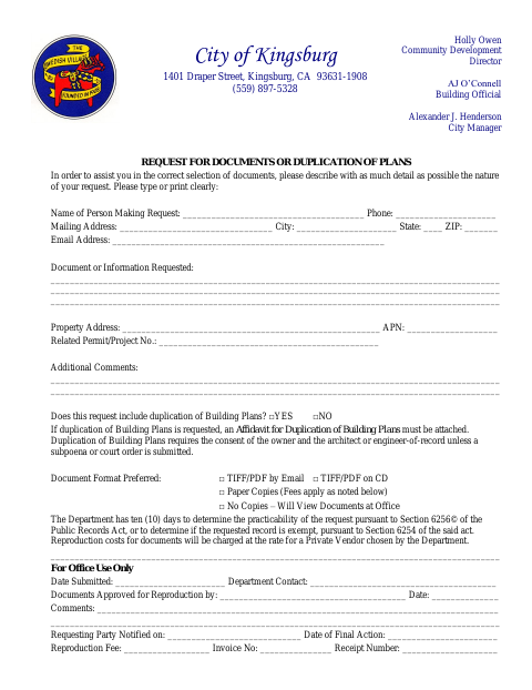 First page of the Request for Documents or Duplication of Building Plans
