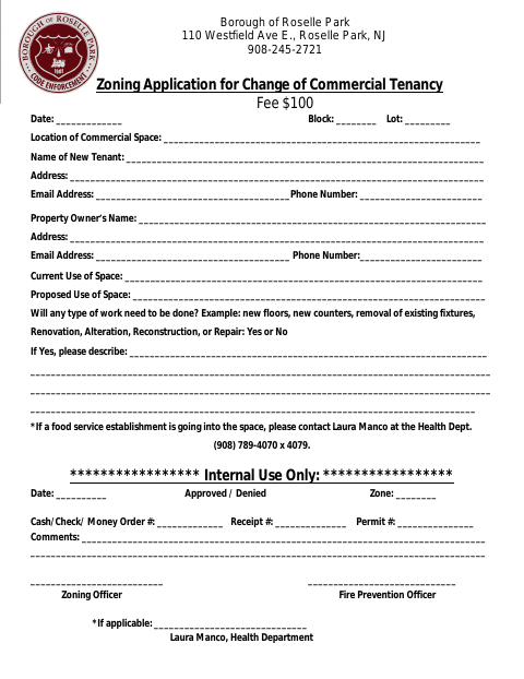 First page of the Zoning Application for Change of Commercial Tenancy