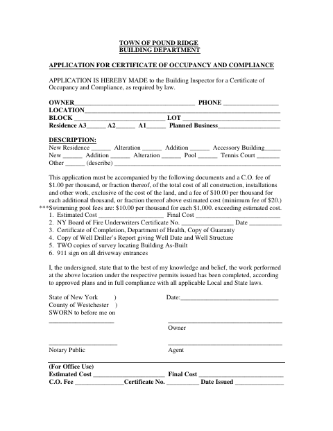 First page of the Application for Certificate of Occupancy and Compliance