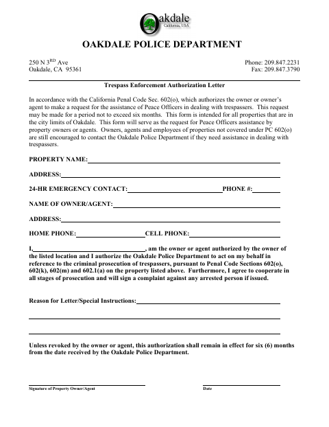 First page of the Trespass Enforcement Authorization Letter
