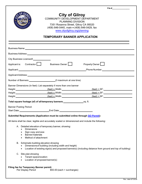 First page of the Temporary Banner Application
