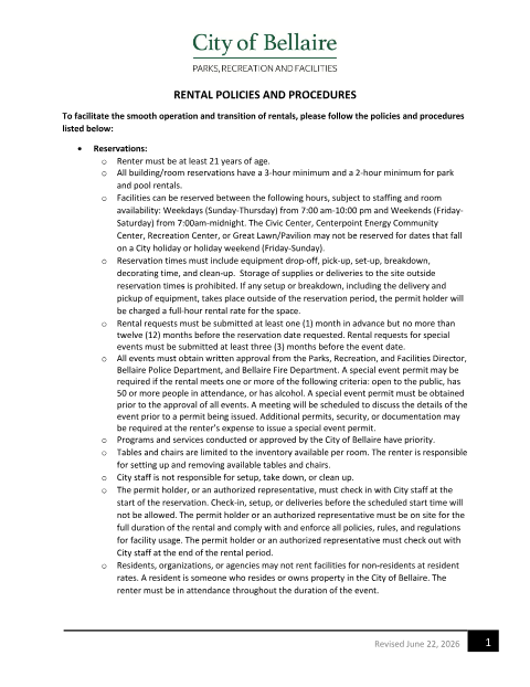 First page of the Rental Policies and Procedures