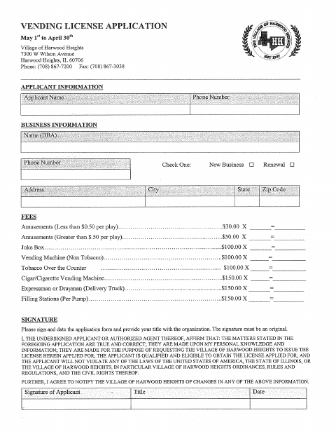 First page of the Vending License Application