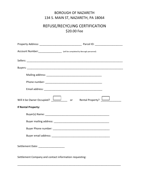 First page of the Refuse/Recycling Certification