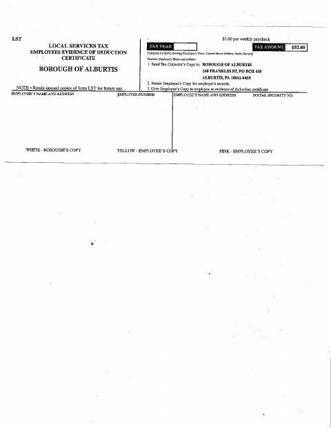First page of the Local Services Tax Employee Evidence of Deduction Certificate