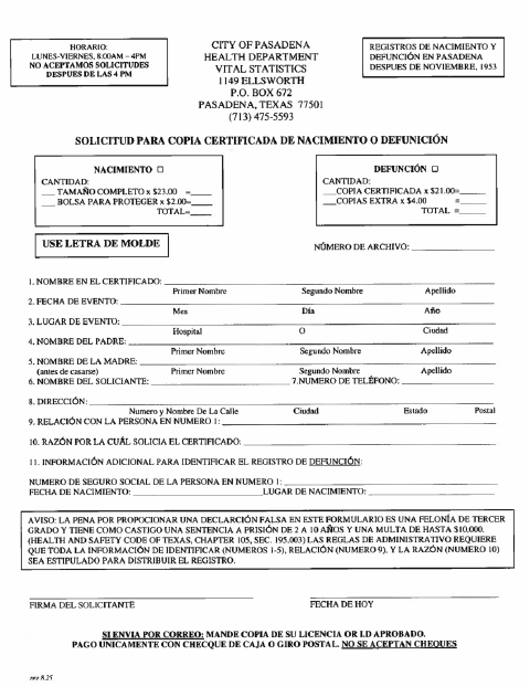 First page of the Birth and Death Certificate Application in Spanish