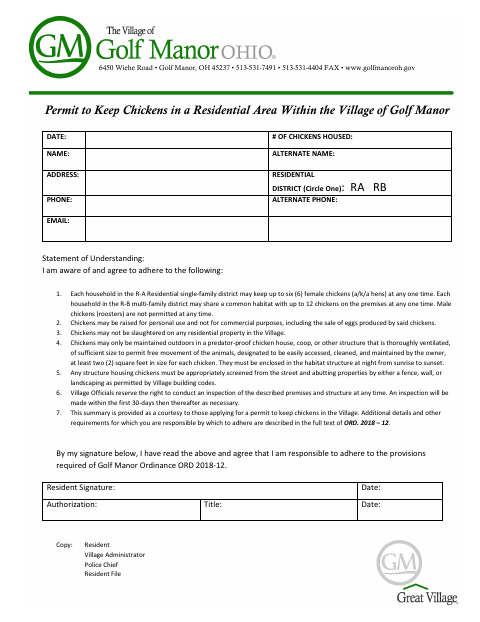 First page of the Permit to Keep Chickens in a Residential Area