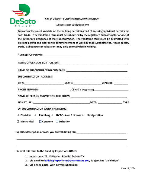 First page of the Subcontractor Validation Form