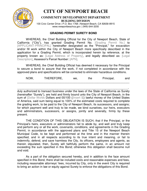 First page of the Grading Permit Surety Bond