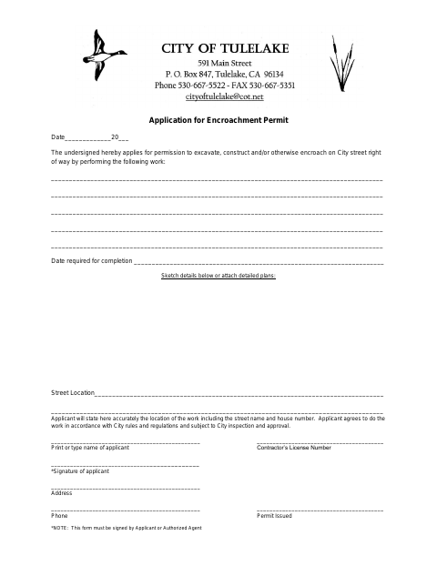 First page of the Application for Encroachment Permit