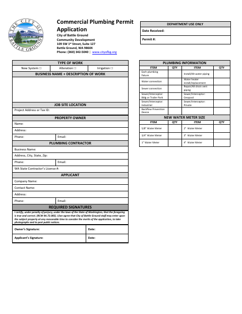 First page of the Commercial Plumbing Permit Application