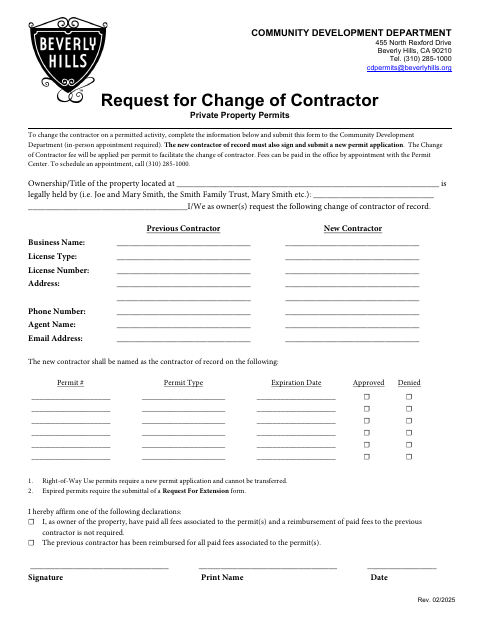 First page of the Request for Change of Contractor