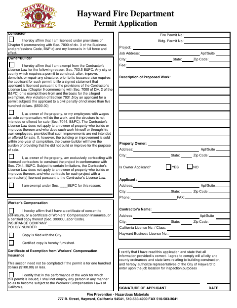First page of the Fire Department Permit Application