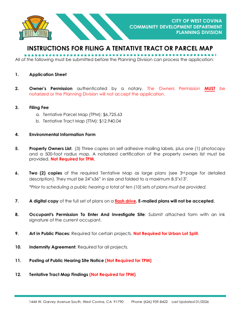 First page of the Tentative Tract or Parcel Map Application