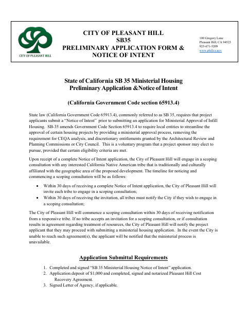 First page of the SB 35 Preliminary Application and Notice of Intent