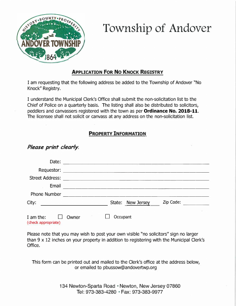 First page of the Application for No Knock Registry