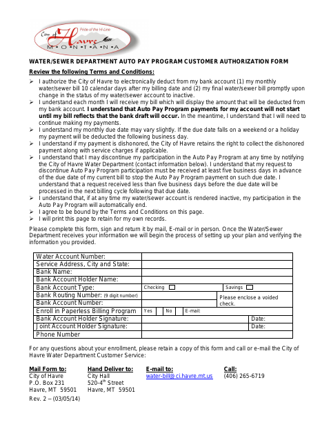 First page of the Water/Sewer Department Auto Pay Program Customer Authorization Form