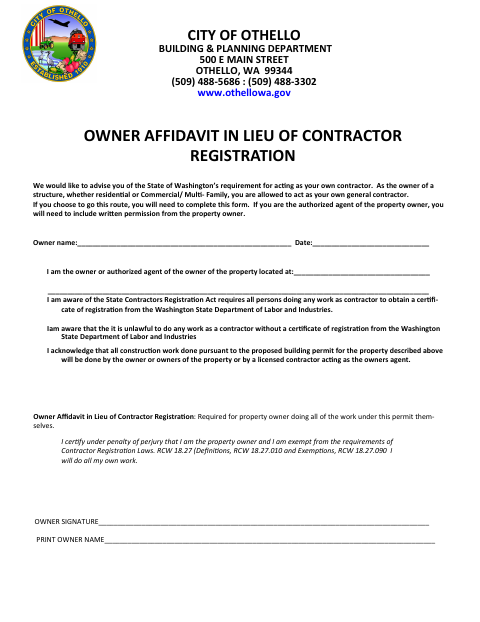 First page of the Owner Affidavit in Lieu of Contractor Registration