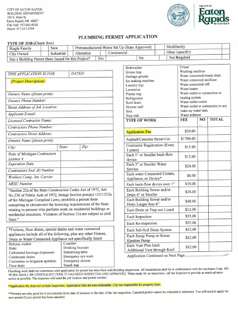 First page of the Plumbing Permit Application