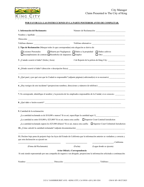 First page of the Claim Presented to the City of King (Spanish)