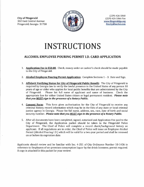 First page of the Alcohol Employee Pouring Permit Application