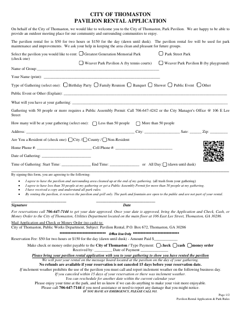 First page of the Pavilion Rental Application