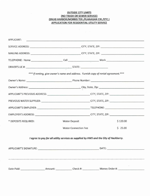 First page of the Outside City Limits Residential Utility Service Application