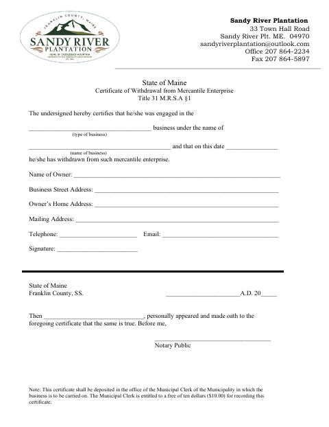 First page of the Mercantile Enterprise Withdrawal Certificate