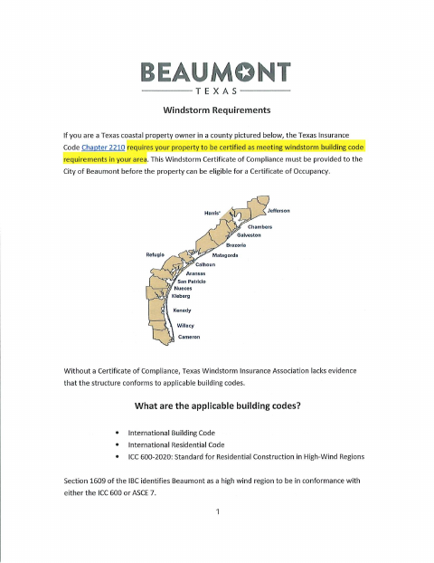 First page of the Windstorm Certificate of Compliance