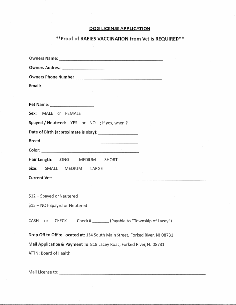 First page of the Dog License Application