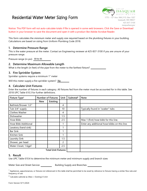 First page of the Residential Water Meter Sizing Form