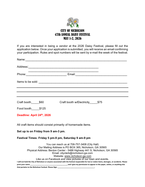 First page of the Daisy Festival Vendor Application