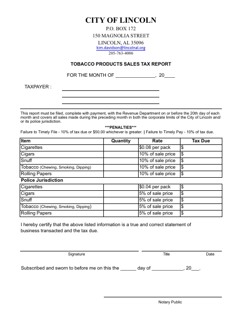 First page of the Tobacco Products Sales Tax Report