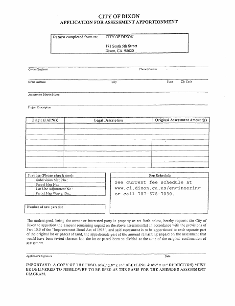 First page of the Assessment Apportionment Application