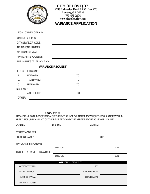 First page of the Variance Application
