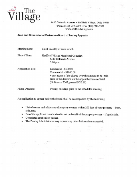 First page of the Area and Dimensional Variance Application