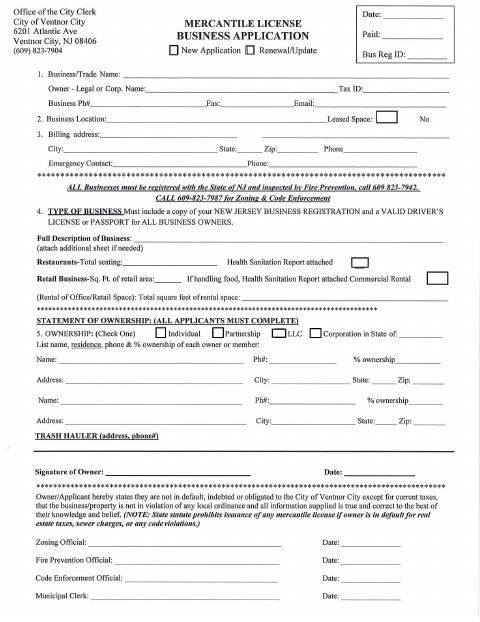 First page of the Commercial Mercantile License Application