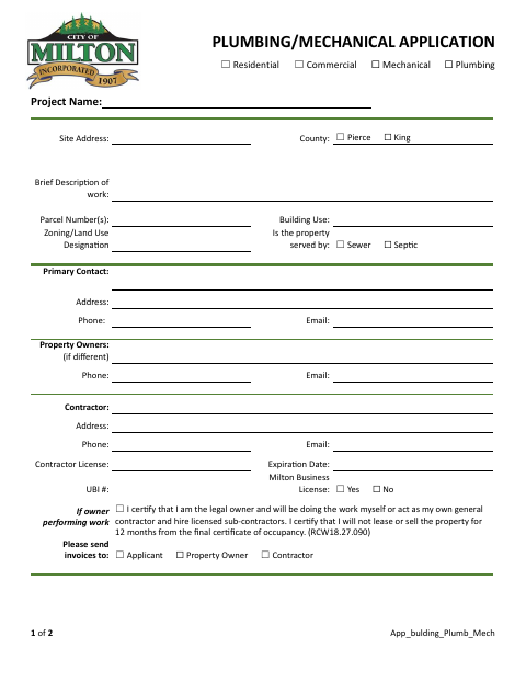 First page of the Plumbing / Mechanical Application