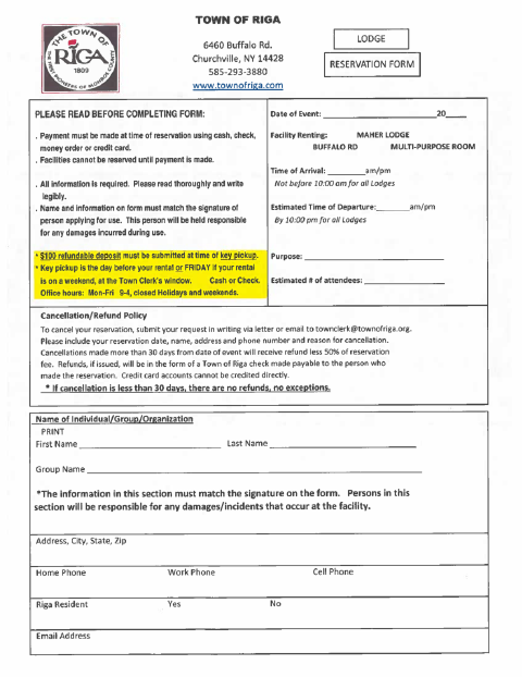 First page of the Lodge Rental Reservation Form