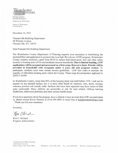 First page of the Lead Safe Westchester Program Application