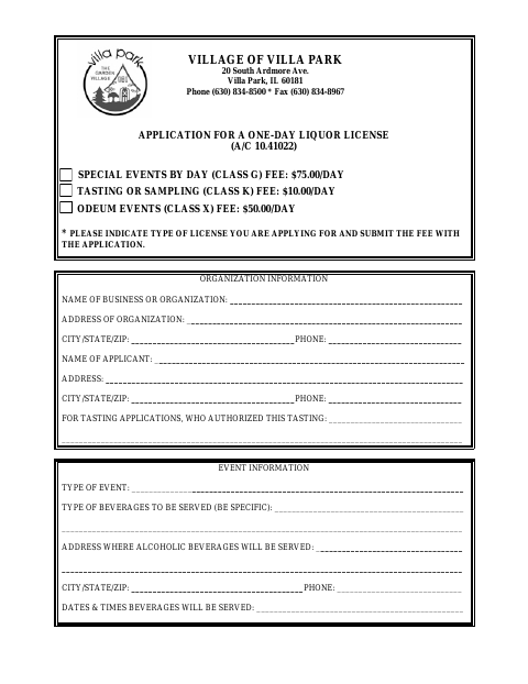 First page of the One-Day Liquor License Application