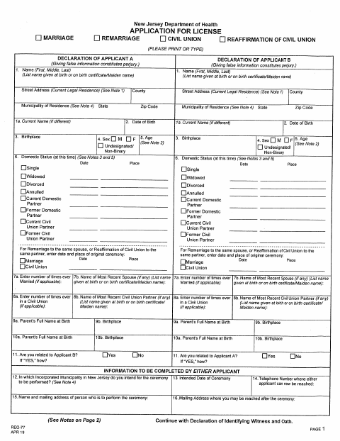First page of the Marriage Application