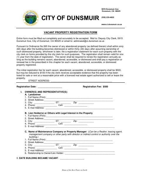 First page of the Vacant Property Registration Form